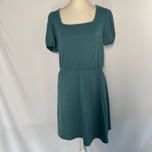 ❤️3/$30 Daisy May Teal Puff Sleeve Mini Dress Square Neck Empire Waist - Size S
